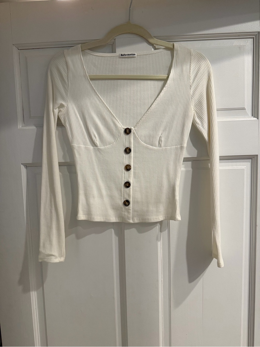 Reformation Cream Ribbed Button-Up V-Neck Long Sleeve Top